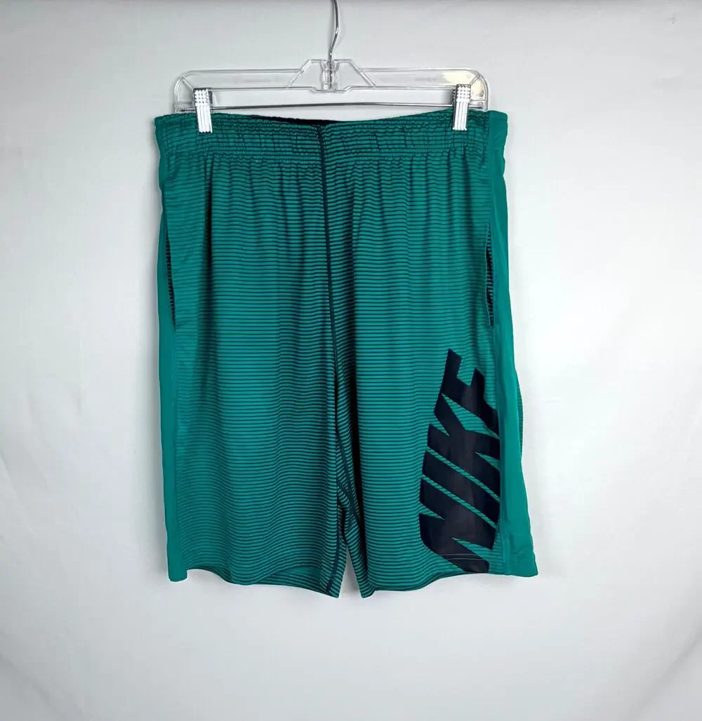 Nike Dri-FIT Mens Large Green Striped Athletic Shorts Drawstring Pockets Gym